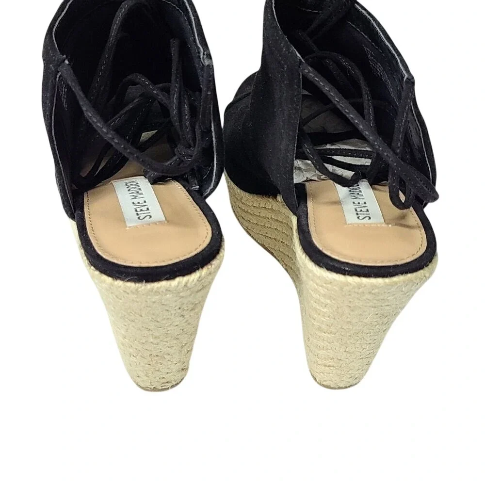 Steve Madden Chya Black Leather Espadrille Wedge Sandals Lace Up Ankle Tie 8.5